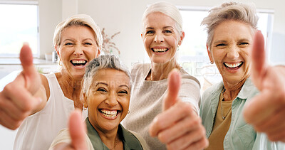 Buy stock photo Senior, happy women and portrait with thumbs up in home for social gathering together or feedback. Elderly, female people or group with smile, like emoji or yes sign for unity or solidarity in house