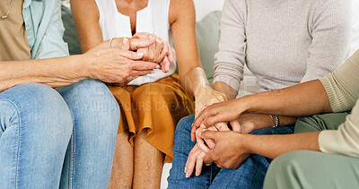 Buy stock photo Holding hands, friends and senior women in home for empathy, support and comforting for loss. Closeup, house and mature people together for consoling, sympathy and care for bonding, mourning or love