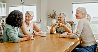 Buy stock photo Tea time, friends and mature women in home with conversation, bonding and enjoyment in reunion. Happy, together and senior people in living room with cups, gossip and connection in social gathering.