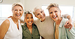 Elderly, happy women and portrait with hug in home for friendship, social gathering or bonding. Senior, female people or friends with smile or embrace for pension or retirement together in house