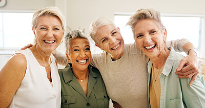 Buy stock photo Mature, happy women or portrait with hug in home for friendship, social gathering or bonding. Excited, female people or friends with smile or embrace for reunion, holiday or weekend together in house