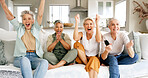 Senior, happy women or watching tv with winning on sofa for victory or congratulations in home. Elderly, female people or group of friendly fans with smile for achievement, good job or entertainment
