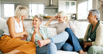 Buy stock photo Smile, discussion and senior women in living room for bonding, reunion and together in home. Laugh, retirement and group of mature friends on sofa with gossip, communication or conversation in house