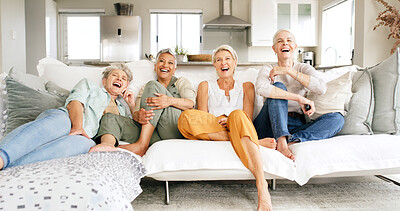 Buy stock photo Mature, happy women or watching tv with laugh on sofa for funny joke, comedy movie or show in home. Laughing, female people or group of friends with smile for humor, series or entertainment in house