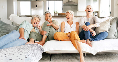 Buy stock photo Mature women, laughing and watching tv on sofa with comedy show, streaming service or bonding together. Happy, people and old friends in home with funny movie, film and entertainment on weekend.