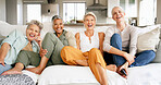 Home, mature women and watching tv with laughing for comedy movie, weekend break or bonding. Relax, happy friends or streaming series together on sofa for holiday reunion, entertainment or funny show