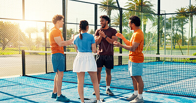 Buy stock photo Padel, sports and friends on court applause for training, practice and exercise for challenge. Fitness, team and happy men with women celebrate for winning game, tennis match and competition outdoor