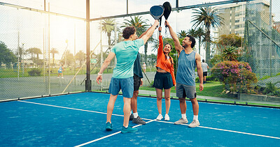 Buy stock photo Huddle, team and padel racket with people on court for support, tournament mission and fitness. Tennis player, training and motivation with friends, partner and target for competition and solidarity