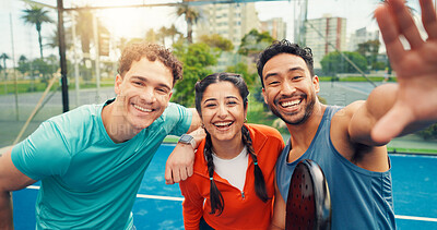 Buy stock photo Fitness, portrait or team in tennis court with selfie, friends or digital memory of padel game. Happy, POV or people outdoor with bat, training support or moment capture for social media post.