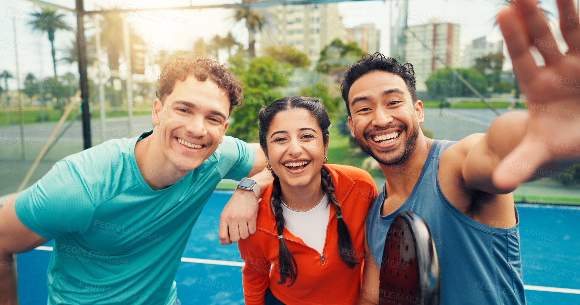 Buy stock photo Fitness, portrait or team in tennis court with selfie, friends or digital memory of padel game. Happy, POV or people outdoor with bat, training support or moment capture for social media post.