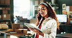Phone call, ecommerce and woman with tablet in office for distribution deal, negotiation or talk. Chat, person and logistics entrepreneur with tech for supply chain, shipping offer or small business