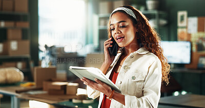 Buy stock photo Phone call, ecommerce and woman with tablet in office for distribution deal, negotiation or talk. Chat, person and logistics entrepreneur with tech for supply chain, shipping offer or small business