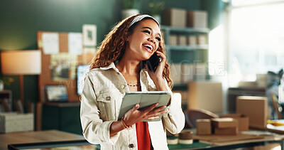 Buy stock photo Phone call, logistics and woman laugh with tablet for distribution deal, negotiation or sales. Tech, person and ecommerce entrepreneur talk for procurement or funny joke in small business office