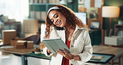 Buy stock photo Phone call, shipping and woman with tablet in office for distribution deal, negotiation or laugh. Tech, person or ecommerce entrepreneur talk for procurement, communication or funny in small business