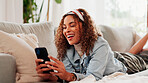 Woman, laughing and relax on sofa with phone for viral social media meme, text message and joke. Happy, female person and scroll with tech in home for online communication, internet humor and comedy.