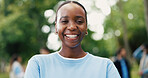 Portrait, volunteer and woman with smile in park, eco advocate and pride for environmental justice. Outdoor, community service or person with social responsibility, bokeh or sustainability activist