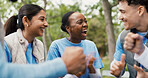 Happy, volunteers and applause for success, NGO and complete project for community service in forest. Outdoor, celebration and people with social responsibility, charity and clapping for achievement