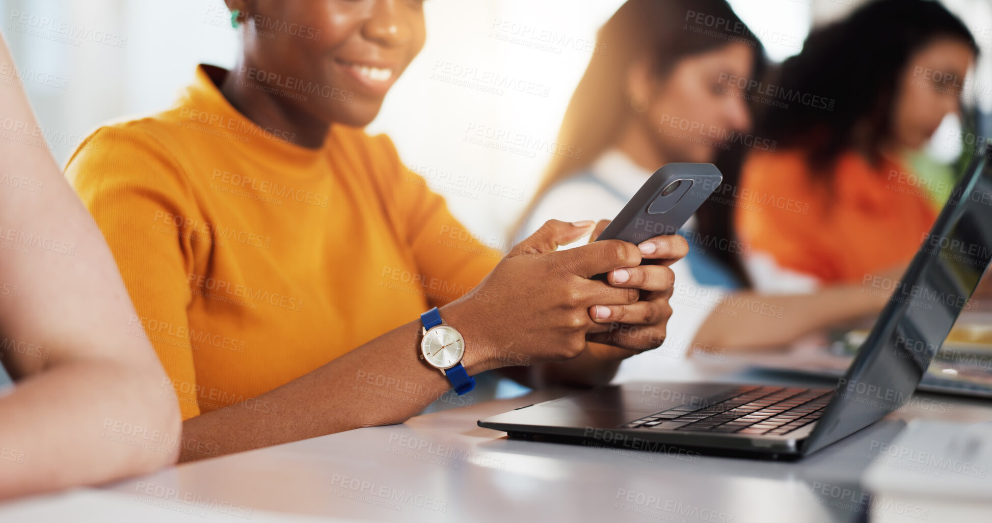 Buy stock photo Person, laptop and hands with smartphone in office for communication, contact and project update. Texting, online and typing with mobile app for chat, web designer and consultation on social media