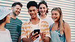 Mobile, friends laugh and people outdoor for social media, connectivity or share meme. Funny, men and women with phone for chat, joke and networking together for online communication with group