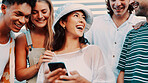 Phone, friends laugh and people outdoor for social media, connectivity or share meme. Funny, men and women with mobile for chat, joke and networking together for online communication with group