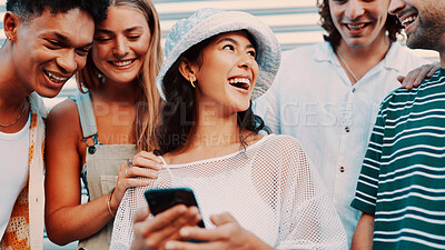 Buy stock photo Phone, friends laugh and people outdoor for social media, connectivity or share meme. Funny, men and women with mobile for chat, joke and networking together for online communication with group
