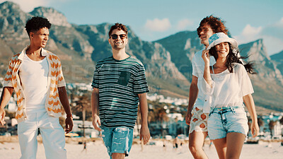 Buy stock photo Friends outdoor, laughing or walking on beach for bonding together, summer holiday and travel adventure. Happy, people and stroll by ocean for hangout, weekend getaway and tourist vacation activity.
