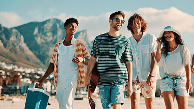 Buy stock photo Friends, laughing or walk on beach with bonding together, cooler for summer holiday or travel adventure. People, smile or stroll by ocean with guitar for picnic, weekend getaway or vacation activity.