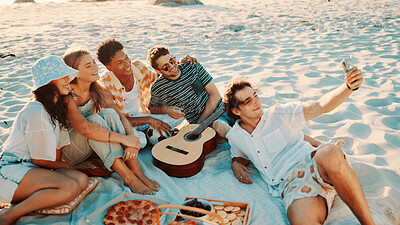 Buy stock photo Smile, people and selfie for picnic on beach for photography, social media post and holiday. Happy, friends and profile picture update for travel memory, group gathering and bonding for ocean getaway