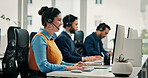Call center, computer and woman in office, smile and communication with advice. Employees, consultation and people with pc, coworking and contact us with discussion, help desk and customer support