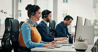 Buy stock photo Call center, computer and woman in office, smile and communication with advice. Employees, consultation and people with pc, coworking and contact us with discussion, help desk and customer support