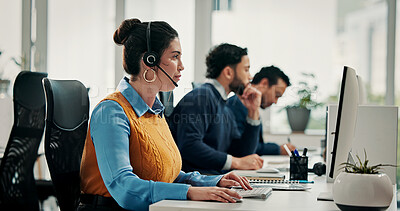 Buy stock photo Call center, computer and woman in office, headset an communication with advice. Employees, conversation and people with pc, coworking and contact us with online reading, internet or customer service