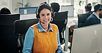 Computer, portrait and happy woman in call center for help desk, technical support or coworking. Smile, hotline and consultant with technology for customer service, IT solution or network connection