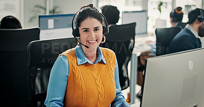 Buy stock photo Computer, portrait and happy woman in call center for help desk, technical support or coworking. Smile, hotline and consultant with technology for customer service, IT solution or network connection