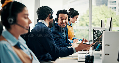 Buy stock photo Telemarketing, coworkers and discussion in call center with computer, life insurance sale or advice. Colleagues, people or conversation in office with tech, financial service policy info and support.
