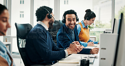 Buy stock photo Telemarketing, coworkers and conversation in call center with computer, life insurance sale or advice. Coworking, people or discussion in office with tech, financial service policy info and teamwork