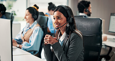 Buy stock photo Call center, computer and woman in office, internet or communication with system solution. Employees, help desk and people with pc, coworking or contact us with conversation, crm and customer service