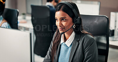 Buy stock photo Computer, business and happy woman in call center for help desk, banking support or coworking. Smile, hotline and consultant with technology for customer service, account assistance or financial loan