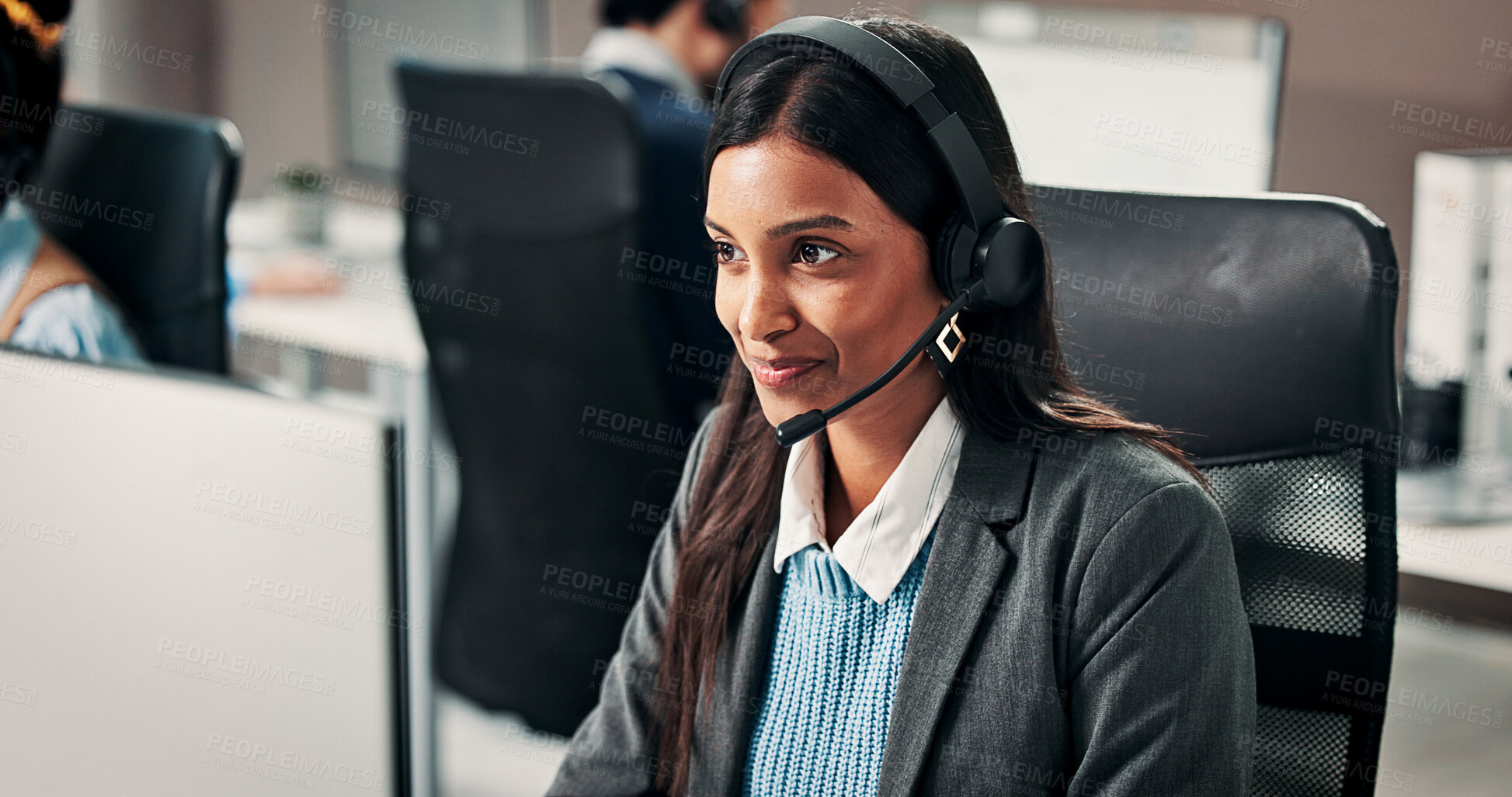 Buy stock photo Computer, business and happy woman in call center for help desk, banking support or coworking. Smile, hotline and consultant with technology for customer service, account assistance or financial loan