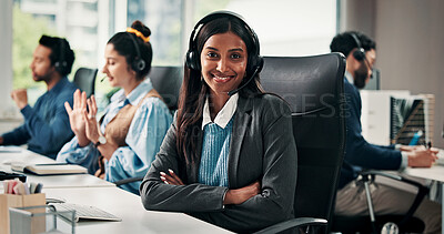 Buy stock photo Portrait, woman and headset with arms crossed in call center for customer service, assistance and help desk. Smile, agent and coworking with ambition, contact us and consultant for technical support