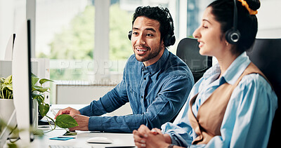 Buy stock photo Woman, manager and headset with computer in call center for training, customer service and feedback. People, helping and pc for online advice, client inquiry and team mentorship for telecom support