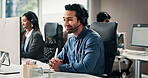 Telemarketing, team and conversation in call center with computer, life insurance advice and help. Colleagues, happy people and talk in office with desktop, financial service policy info and support.