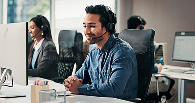 Buy stock photo Telemarketing, team and conversation in call center with computer, life insurance advice and help. Colleagues, happy people and talk in office with desktop, financial service policy info and support.