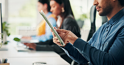 Buy stock photo Man, tablet and hands in office with reading for project management at web design company. Business people, coworking and tech with communication, social media message or feedback at creative agency