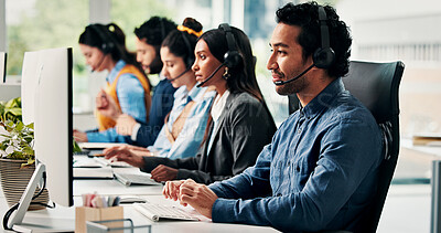 Buy stock photo Call center, computer and man in office, help desk an communication with advice. Employees, consultation and people with pc, coworking and contact us with conversation, crm and customer support