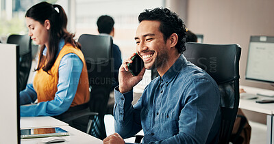 Buy stock photo Creative, man and phone call with computer in office for discussion, interview source and news lead. Person, coworking and mobile to contact editor, verify facts and journalist inquiry on publication