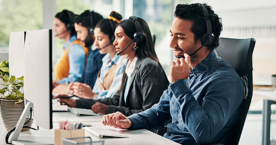 Buy stock photo Virtual assistant, staff or happy man with technology in call center, customer care or communication. Troubleshooting, online advice or helpdesk agent consulting with client, headset or pc for people