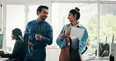 Buy stock photo Business, conversation or people in office with smile, performance update or collaboration on work break. Coworker, social and agent in call center with chat, connection or target feedback on rest.