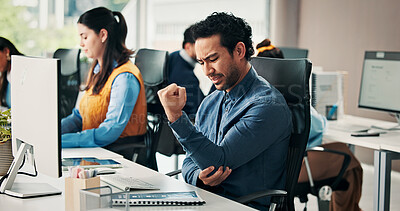 Buy stock photo Computer, business man or elbow pain in office from article pressure, RSI and news story workload. Coworking, journalist and joint tension at publishing agency from nerve compression and overworked