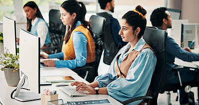 Buy stock photo Creative, woman and typing on computer in office for research, editing article and news report. Female person, coworking and pc for proofreading, check grammar and update draft for story publication