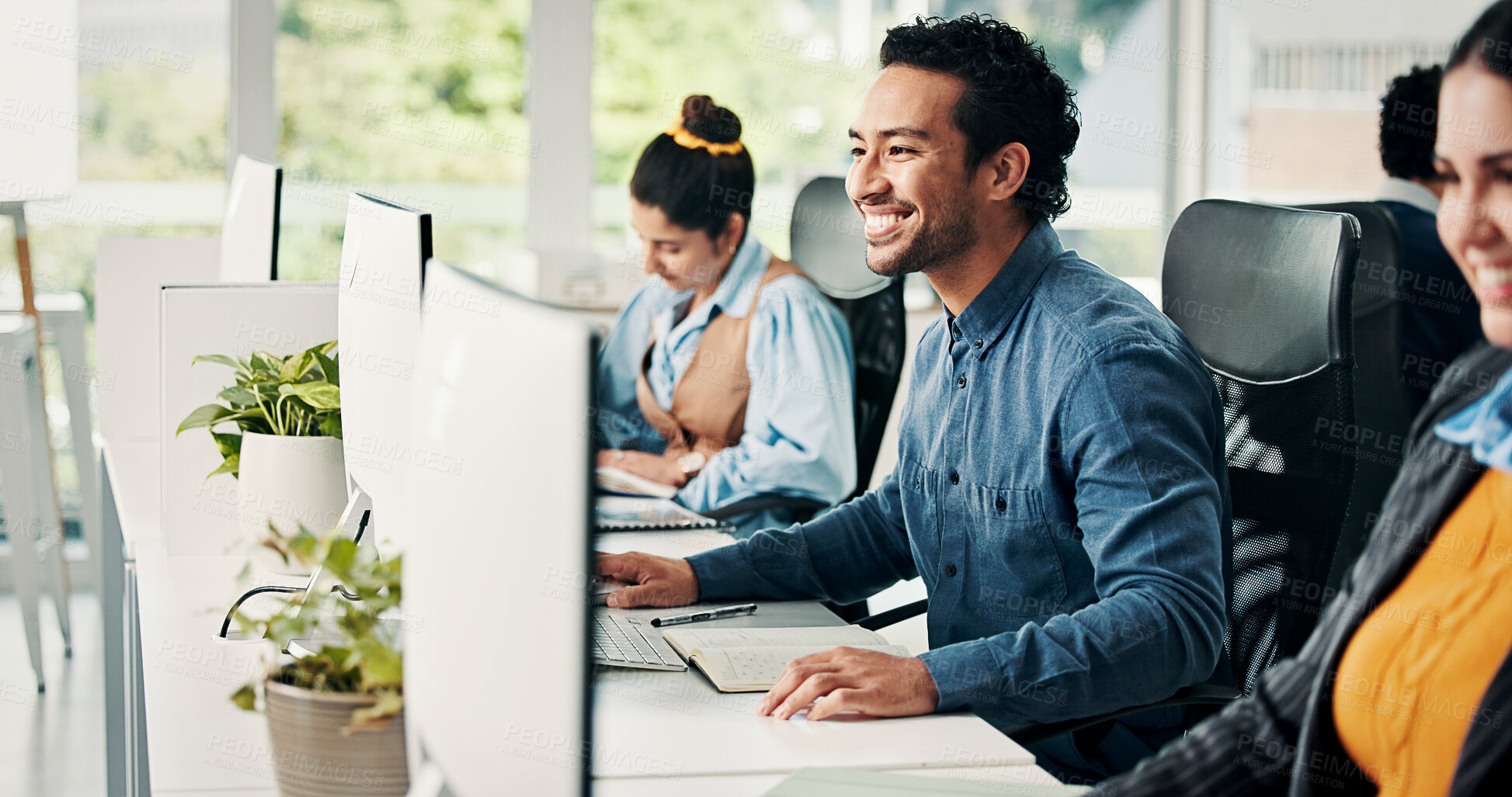 Buy stock photo Creative, man and reading with computer in office for research, editing article and news report. Male person, coworking and pc for proofreading, good feedback and update draft for story publication